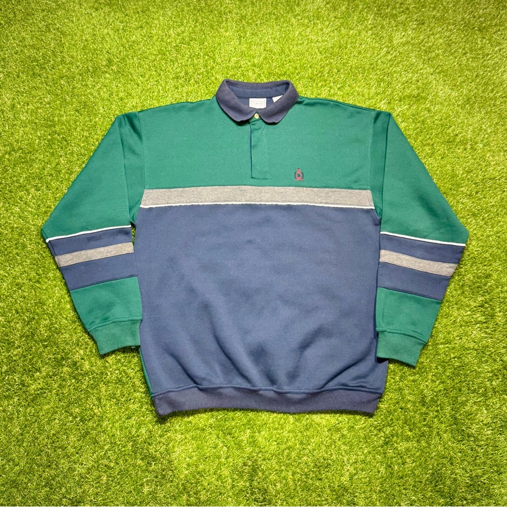 Vintage Bugle Boy Long Sleeve 1/4 Quarter Zip Sweater Mens Medium Green Blue